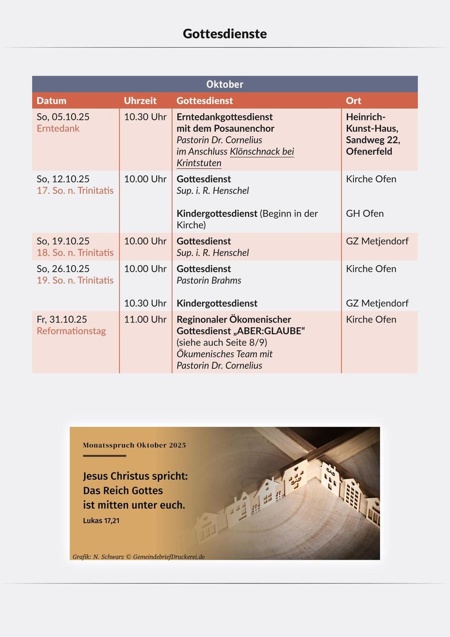 Gottesdienstplan Oktober