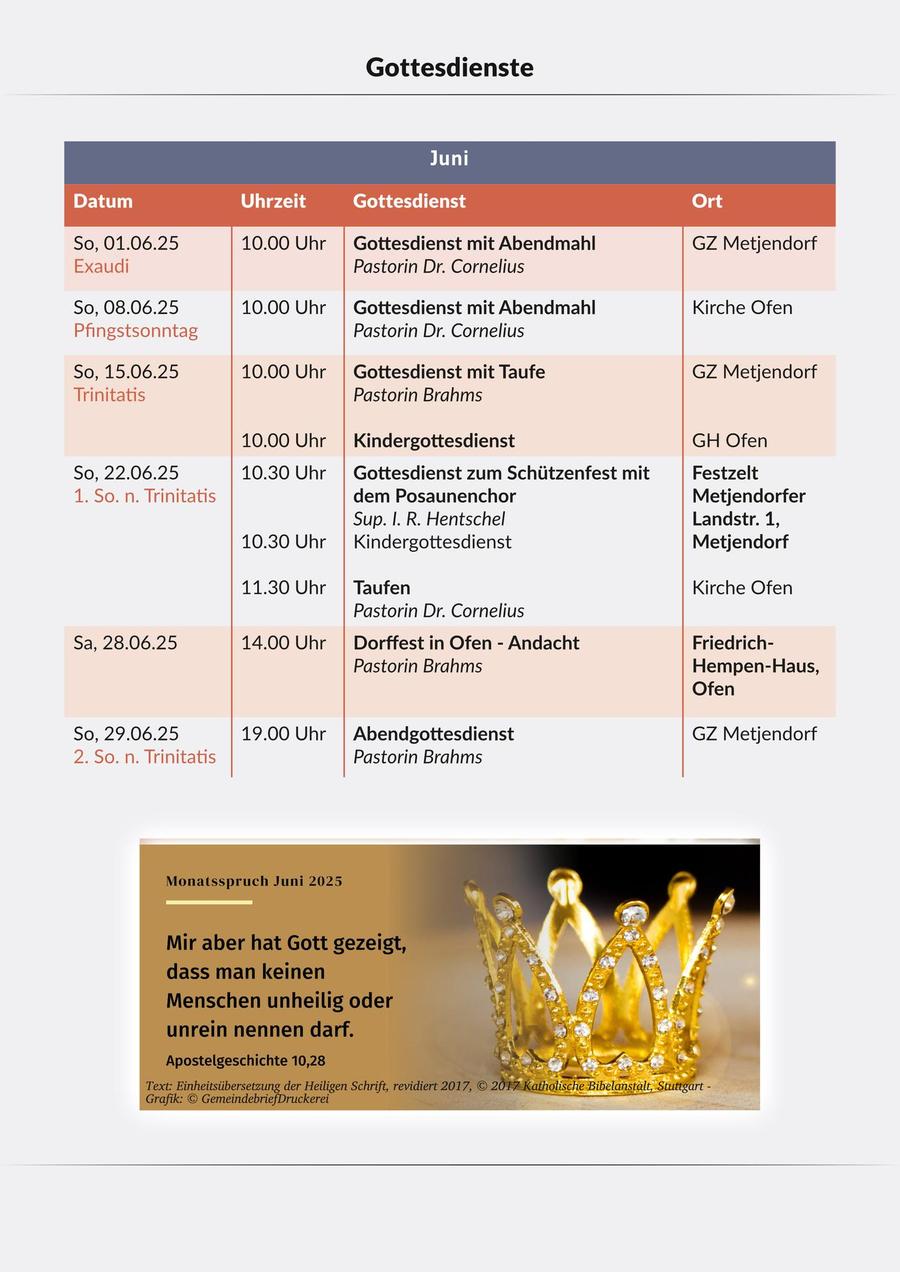 Gottesdienstplan Juni