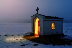 light, chapel, church, architecture, religion, memorial chapel, mood, small chapel, blue, evening atmosphere, wayside chapel, christian, cross, seem, nature, glow of light, snow, winter, cold, cool, door, gate