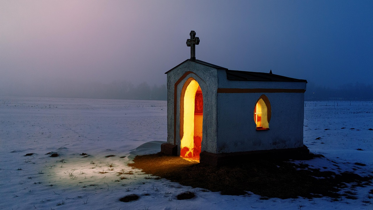 light, chapel, church, architecture, religion, memorial chapel, mood, small chapel, blue, evening atmosphere, wayside chapel, christian, cross, seem, nature, glow of light, snow, winter, cold, cool, door, gate